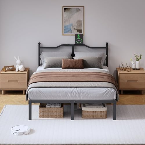 SHOANED 14 Inch Metal Bed Frame - Full Size Heavy Duty Bedframe with Charging Station & Headboard Basic Steel Slats Platform No Box Spring Needed/Easy Assembly/Noise Free