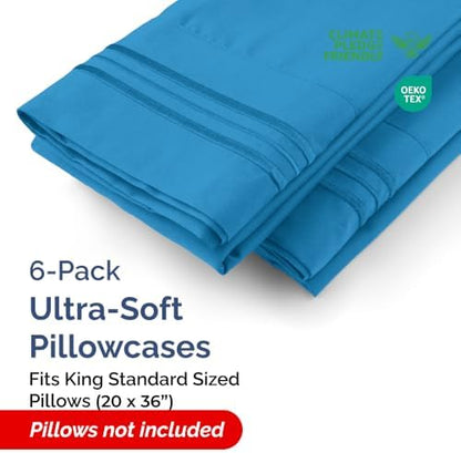 King Standard Pillow Cases Set of 6 - Soft Pillowcase Covers - Denim Blue