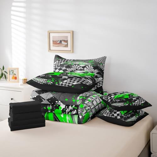 Racing Kids Boys Comforter Set 7 Pieces,Cartoon Car Sport Bed Set,Cool Race Car Teens Men Bedding Bed in a Bag Soft,Twin (1 Comforter,2 Pillowcase,2 Pillow Covers,1 Flat Sheet,1 Fitted Sheet)