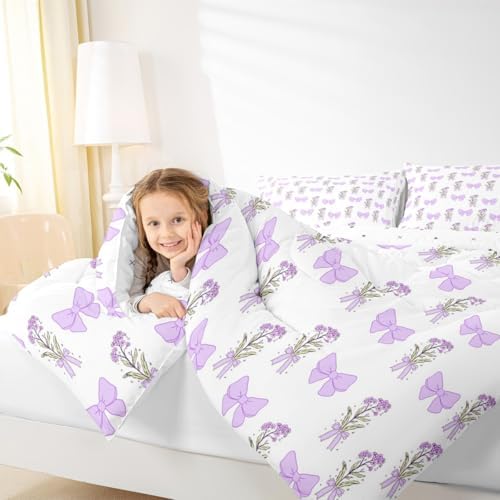 Castle Fairy Purple Bowknot Comforter Set Full Size,Vintage Farmhouse Kawaii Purple Floral Duvet Sets for Kids Teens Girls Bedroom,Romantic Princess Style Bedding Comforter,3 Pcs