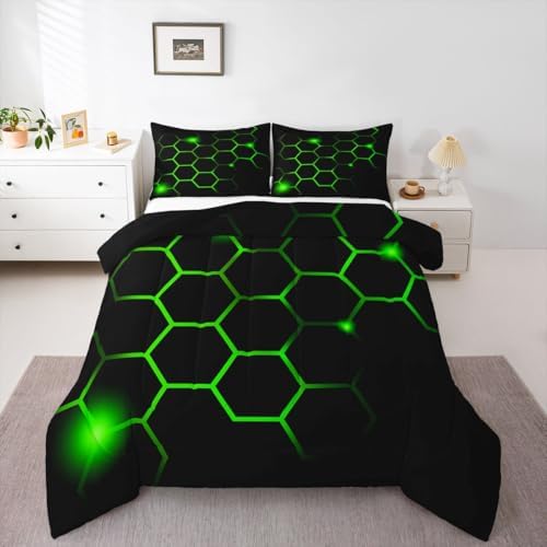 Feelyou Hexagonal Comforter Set Geometric Honeycomb Bedding Set for Kids Adults Neon Green Black Comforter Modern Hexagon Beehive Quilt Set Ultra Soft Room Decor Full Size Bedroom Collection 3Pcs