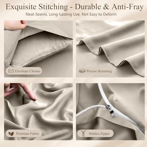 Queen Duvet Cover Set 3 Pieces, 100% Organic Viscose derived from Bamboo, Luxuriously Soft & Cooling, 1 Duvet Cover and 2 Pillowcases, 90" x 90"(Queen, Deep Beige)