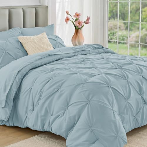 JOLLYVOGUE Twin XL Comforter Set 5 Pieces - Bed in a Bag Twin XL for All Season, Pintuck Bedding Comforter Sets with Comforter, Flat Sheet, Fitted Sheet and Pillowcases & Shams, Greyish Blue