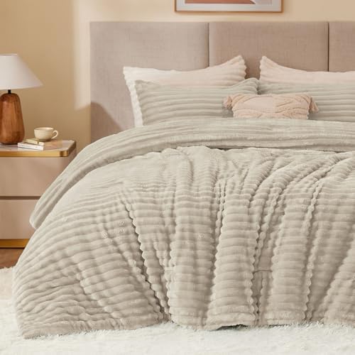 BEDELITE Fleece Queen Comforter Set, Fluffy Bed Set, Linen