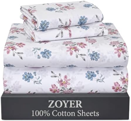 ZOYER 100% Cotton Sheets – Queen Size Percale Bedding, Cooling & Breathable, Durable with a Crisp, Soft & Comfortable Feel, 16" Deep Pocket, 4-Piece Set, Flora Rhapsody