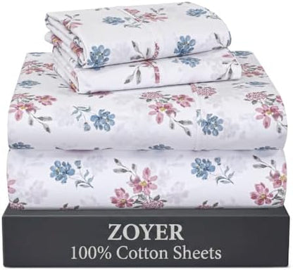 ZOYER 100% Cotton Sheets – Queen Size Percale Bedding, Cooling & Breathable, Durable with a Crisp, Soft & Comfortable Feel, 16" Deep Pocket, 4-Piece Set, Flora Rhapsody