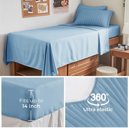 HYMOKEGE Mineral Blue Twin XL Comforter Set Seersucker 5 Pieces, All Season Luxury Bed in a Bag for Bedroom, Bedding Set with Comforter, Sheets, Pillowcase & Sham