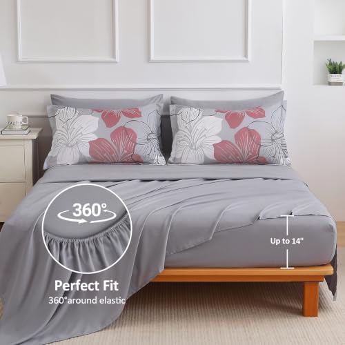 Luxudecor Grey Pink Comforter Set Queen Size, 7 Pieces Floral Bed in a Bag