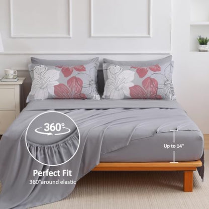 Luxudecor Grey Pink Comforter Set Queen Size, 7 Pieces Floral Bed in a Bag