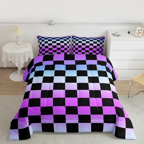 Feelyou Multicolored Checkered Retro Bedding Set for Boys Girls Geometric Vintage Comforter Set Queen Size Gradient Purple Duvet Quilt Modern Groovy Aesthetic Bedroom Decor 3 Pcs with 2 Pillow Cases