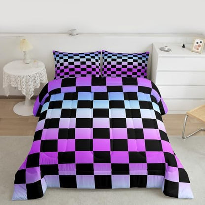 Feelyou Multicolored Checkered Retro Bedding Set for Boys Girls Geometric Vintage Comforter Set Twin Size Gradient Purple Duvet Quilt Modern Groovy Aesthetic Bedroom Decor 2 Pcs with 1 Pillow Cases