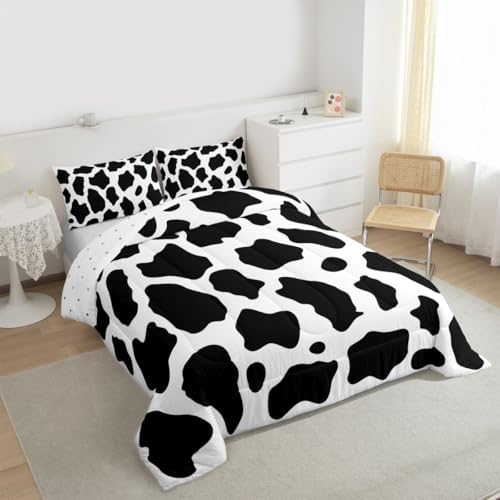 jejeloiu Cow Fur Print Bedding Set Soft for Boys Girls, Animal Skin Comforter Set Queen Size Cowhide Duvet Quilt Microfiber Bedroom Decor 3 Pcs with 2 Pillow Cases