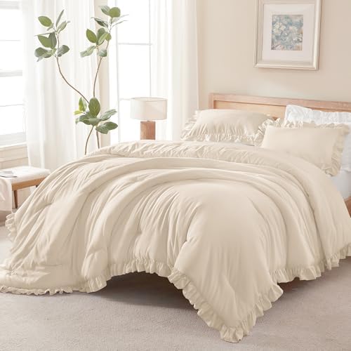 Andency Beige Ruffle Comforter Twin XL, 2 Pieces Solid Farmhouse Bed