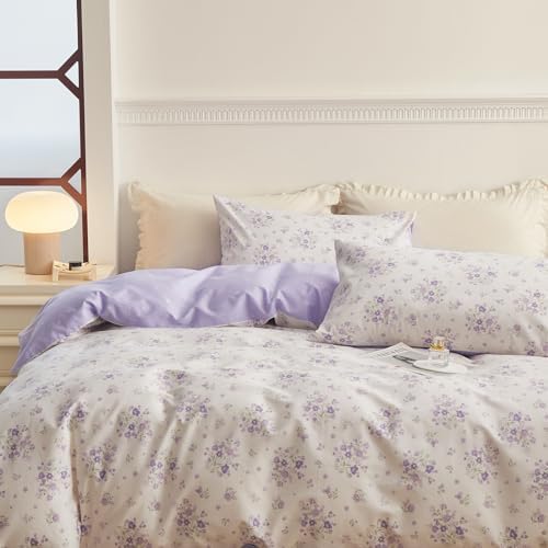 LifeTB Vintage Floral Comforter Set Queen Purple Flower Bedding Comforter for Queen Bed Boho Garden Floral Botanical Comforter with 2 Pillowcases Farmhouse Bedding Girls Floral Comfy Comforter Set