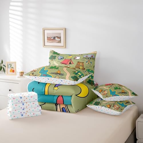Erosebridal Camping Themed Bedding Set for Kids Teens,Cartoon Animal Comforter Set Twin Size,Camping Lover (Comforter+Fitted+Flat Sheet+2 Pillowcases+2 Throw Pillow Covers) 7 Pieces Bed Set
