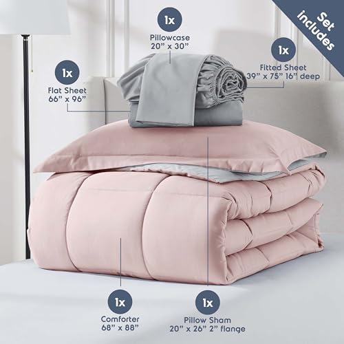 Nestl 7 Piece Twin Comforter Set – Blush Pink Reversible Bed in a Bag – Complete Twin Size Bedding Set with Sheets, Set of 2 Down Alternative Pillows, Pillowcase and Sham