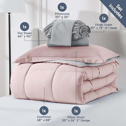 Nestl 7 Piece Twin Comforter Set – Blush Pink Reversible Bed in a Bag – Complete Twin Size Bedding Set with Sheets, Set of 2 Cooling Pillows, Pillowcase and Sham