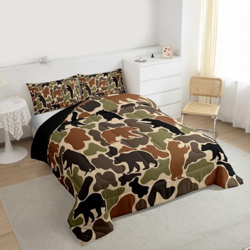 Army Green Camouflage Comforter Set Queen Size,Brown Black Bear Silhouette Bedding Sets 3Pcs for Women Room Decor,Hunting Bear Camo Quilted Duvet Hunter Military Theme Down Comforter,2 Pillowcases