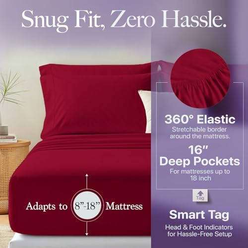 Carressa Linen 600 Series King Size Sheets Set, 16" Deep Pocket, Red