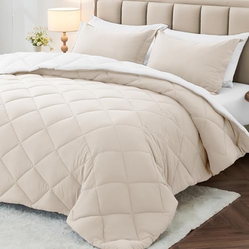 MUXHOMO 7 Pieces Oversized King Comforter Set, Reversible Bed in a Bag Oversized King Size, All Season Bedding Set with Comforter, Flat Sheet, Fitted Sheet, Pillowcases & Shams, Beige & White