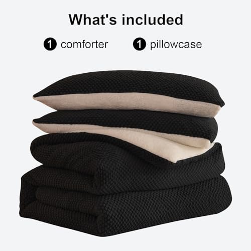 LLanCL 3D Jacquard Design Comforter Set, Ultra-Soft Warm Twin Size Sherpa Fur Plush 2-Pieces Sets Luxury Cozy Bedding with 1 Pillowcase (68"x90", Black)