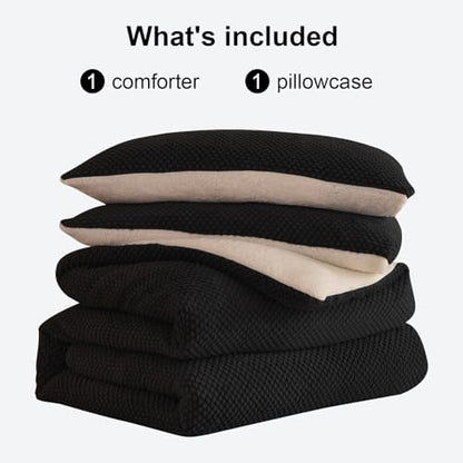 LLanCL 3D Jacquard Design Comforter Set, Ultra-Soft Warm Twin Size Sherpa Fur Plush 2-Pieces Sets Luxury Cozy Bedding with 1 Pillowcase (68"x90", Black)