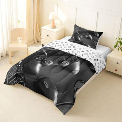 Feelyou Gamer Comforter Set Twin Size Gaming Bedding Set for Kids Boys Girls Game Room Decor Duvet Quilt Gamepad Bedroom Decor Black Microfiber 2 Pcs with 1 Pillow Cases