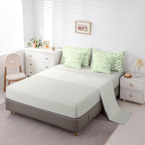 Erosebridal Fashion Y2K Bow 7 Piece Bedding Set King Size for Kids Boys Girls,Trendy Lucky 8 Ball Bowknot Comforter Set Cute Green Cherry Ball Bed in A Bag with Sheets Preppy Aesthetic Plaid Bed Set
