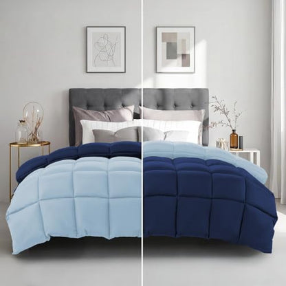 HYLEORY All Season Full Size Bed Comforter - Cooling Down Alternative Comforter Quilted Duvet Insert with Corner Tabs - Winter Warm - Machine Washable - Reversible Navy/Light Blue
