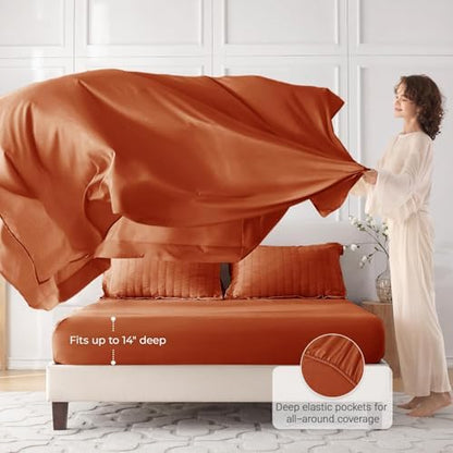 MUXHOMO 5 Pieces Twin Comforter Set, Seersucker Bed in a Bag Twin Size, All Season Luxury Bedding Set with Comforter, Flat Sheet, Fitted Sheet, Pillowcase & Sham, Burnt Orange