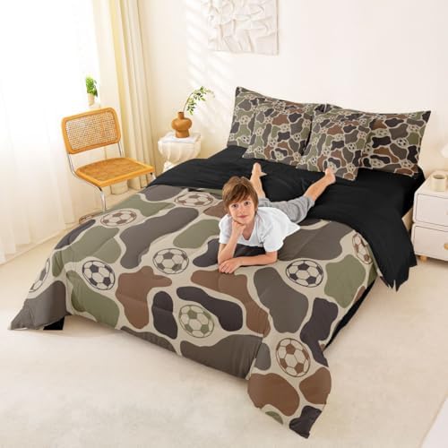 Erosebridal Soccer 7 Piece Bedding Set Full Camo Comforter Set with Sheets Camouflage Print Sports Theme Football Bed in a Bag Soccer Ball Brown Green Camo for Kids Boys Teens