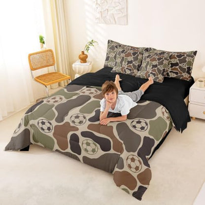 Erosebridal Soccer 7 Piece Bedding Set Full Camo Comforter Set with Sheets Camouflage Print Sports Theme Football Bed in a Bag Soccer Ball Brown Green Camo for Kids Boys Teens