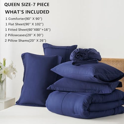 Yogeneg Queen Comforter Set 7 Piece Bed in a Bag,Grid Pinch Pleat Navy Blue Bedding Set,Striped Textured Soft Microfiber Comforter with Sheet Set,All Season Complete Bed Set(Navy Blue,Queen)