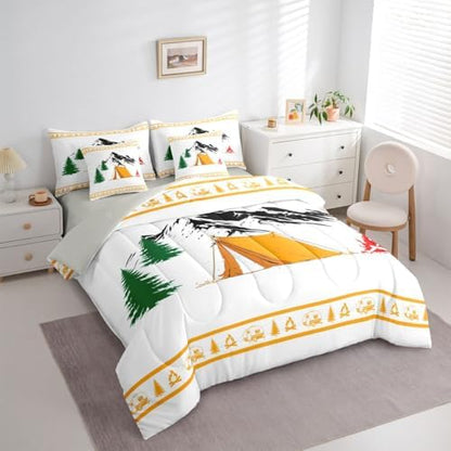 Erosebridal Rv Happy Camping Bed in A Bag Camper Decor Comforter Set with Sheets King Size for Kids Boys Teens Rustic Farmhouse 7 Piece Bedding Set Pine Tree Bonfire Bed Sets, Orange White