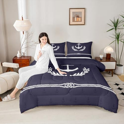 Anchor Comforter Set Full Size,White Geometric Abstract Rope Palm Leaf Bedding Set 3pcs for Kids Boys Adult Room Decor,Nautical Themed Quilt Set Navy Blue Modern Duvet Insert,2 Pillowcases