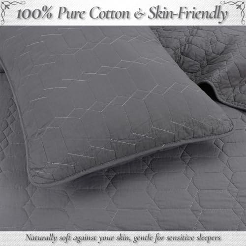 Cozy Line Home Fashions 100% Cotton Quilt Set – 3-Piece Charcoal Gray Solid Classic Modern Geometric Quilted Bedspread with Shams, Lightweight All Season Modern Bedding (Hexagon Gray, King)