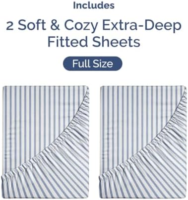 CGK Linens 2 Pack Extra Deep Full Fitted Sheets - Blue Stripes
