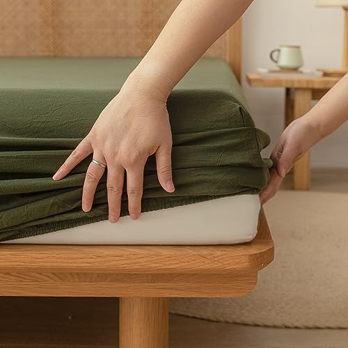 BESTOUCH Queen Washed Cotton Linen Feel Sheet Set 4 Pcs Olive Green