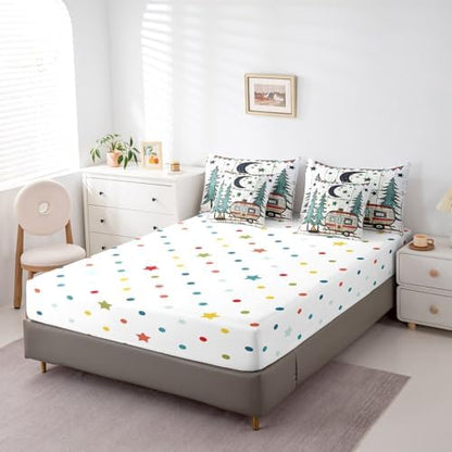Erosebridal 7 Piece Happy Camping Full Bedding Set,RV Bunk Camper Bed Comforter Set with Sheets for Kids Adults,Moon and Stars Decor Travel Trailer Quilt Bed Set with Fitted+Flat Sheet,Pillowcases