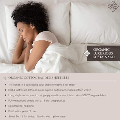 BIOWEAVES 100% Organic Cotton Banded Sheets Soft & Silky Sateen Weaves 4-Piece GOTS Certified Bed Sheet Set Fits Mattress Upto 17" Deep Pocket (Queen, White & Navy Blue)