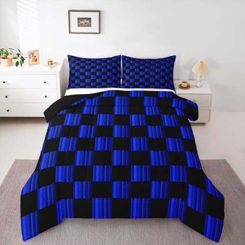 Feelyou Checkered Comforter Set King Size Abstract Ombre Bedding Set for Kids Boys Girls Modern Geometric Blue Black Duvet Quilt Cute Neutral Aesthetic Plaid Bedroom Decor 3 Pcs with 2 Pillow Cases