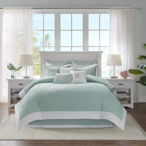 Harbor House Cotton Comforter Set - Coastal Oceanic Sealife Design, All Season Down Alternative Bedding with Matching Shams, Bedskirt, King(110"x96"), Coastline, Coral Aqua, 4 Piece