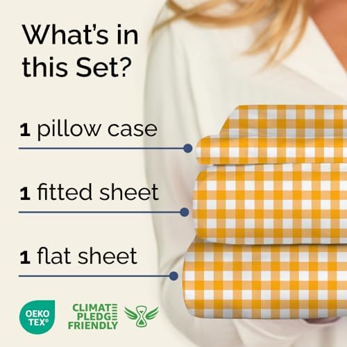 Twin 3 Piece Striped Sheet Set - Breathable & Cooling - Orange Gingham
