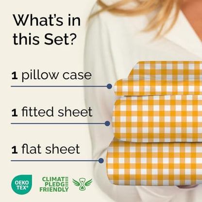 Twin 3 Piece Striped Sheet Set - Breathable & Cooling - Orange Gingham