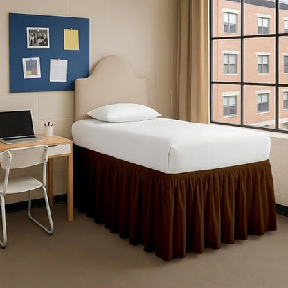 Dorm Bed Skirt Twin XL 38 Inch Drop, Easy to Install Extra Long Wrap Around Elastic Dust Ruffle, Bedskirt Solid Silky Fabric Machine Washable, Ruffled College Dorm Room Chocolate