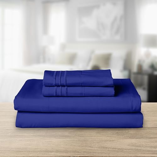 Elegant Comfort Luxurious 1500 Premium Hotel Quality Microfiber Three Line Embroidered Softest 4-Piece Bed Sheet Set, Wrinkle and Fade Resistant, Full, Royal Blue