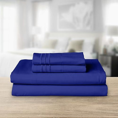 Elegant Comfort Luxurious 1500 Premium Hotel Quality Microfiber Three Line Embroidered Softest 4-Piece Bed Sheet Set, Wrinkle and Fade Resistant, Full, Royal Blue