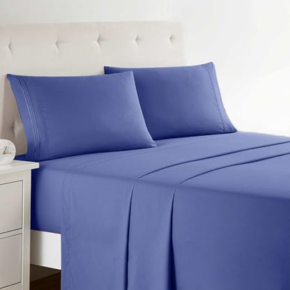 Clara Clark Bed Sheets, Premier 1800 Series 4 Piece Bed Sheet Set, Deep Pocket, Wrinkle, Fade, Stain Resistant, Luxury Soft Bedding Sheets & Pillowcases, Split King, Royal Blue