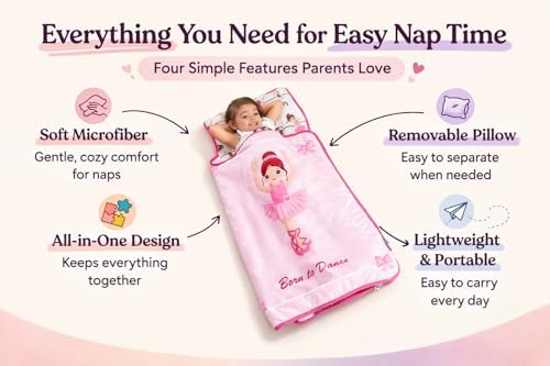 EVERYDAY KIDS Toddler Nap Mat with Removable Pillow -Born to Dance Ballerina- Carry Handle with Straps Closure, Rollup Design, Soft Microfiber for Preschool, Daycare, Sleeping Bag - Ages 2-6 Years