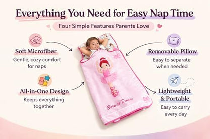 EVERYDAY KIDS Toddler Nap Mat with Removable Pillow -Born to Dance Ballerina- Carry Handle with Straps Closure, Rollup Design, Soft Microfiber for Preschool, Daycare, Sleeping Bag - Ages 2-6 Years